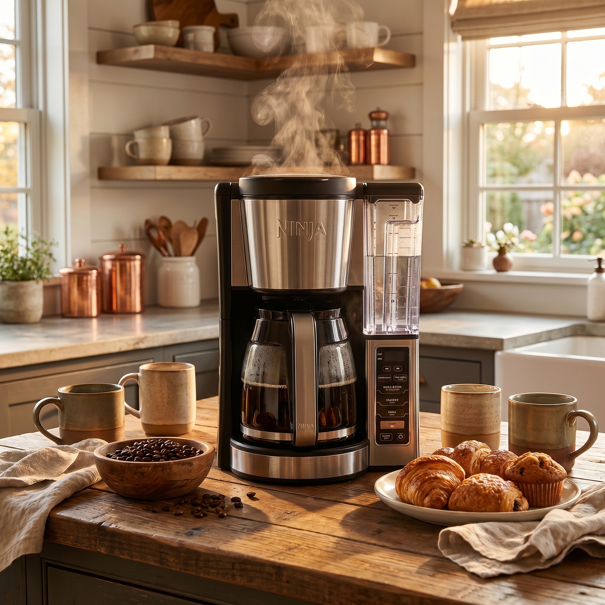 Coffee maker brewing coffee in a cozy kitchen