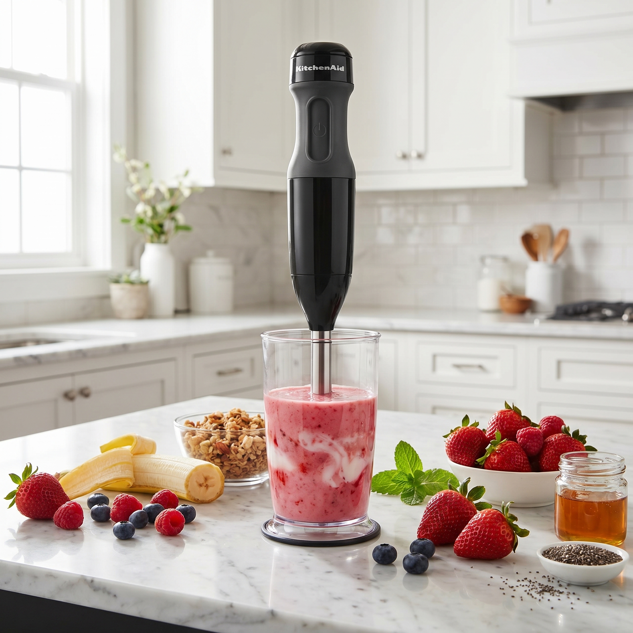 Immersion blender making a smoothie